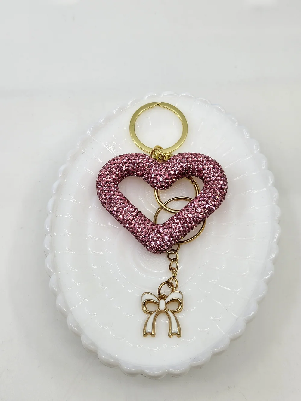 Pink Crystal Heart Keychain with Gold Bow Charm